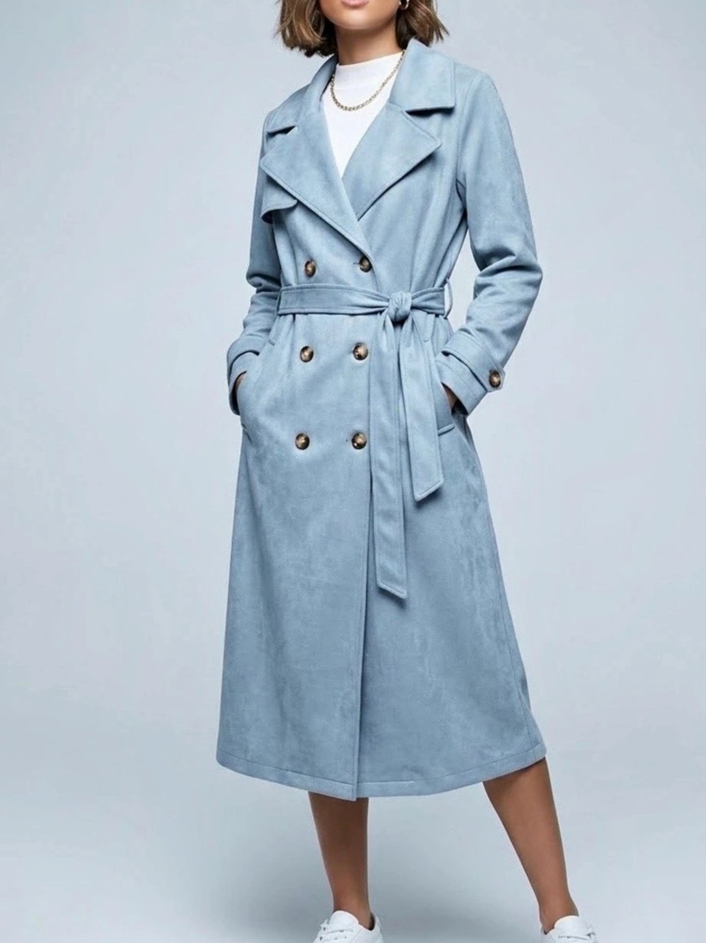 NVLT Light Baby Blue Belted Double Breasted Trench Coat Long Jacket Large